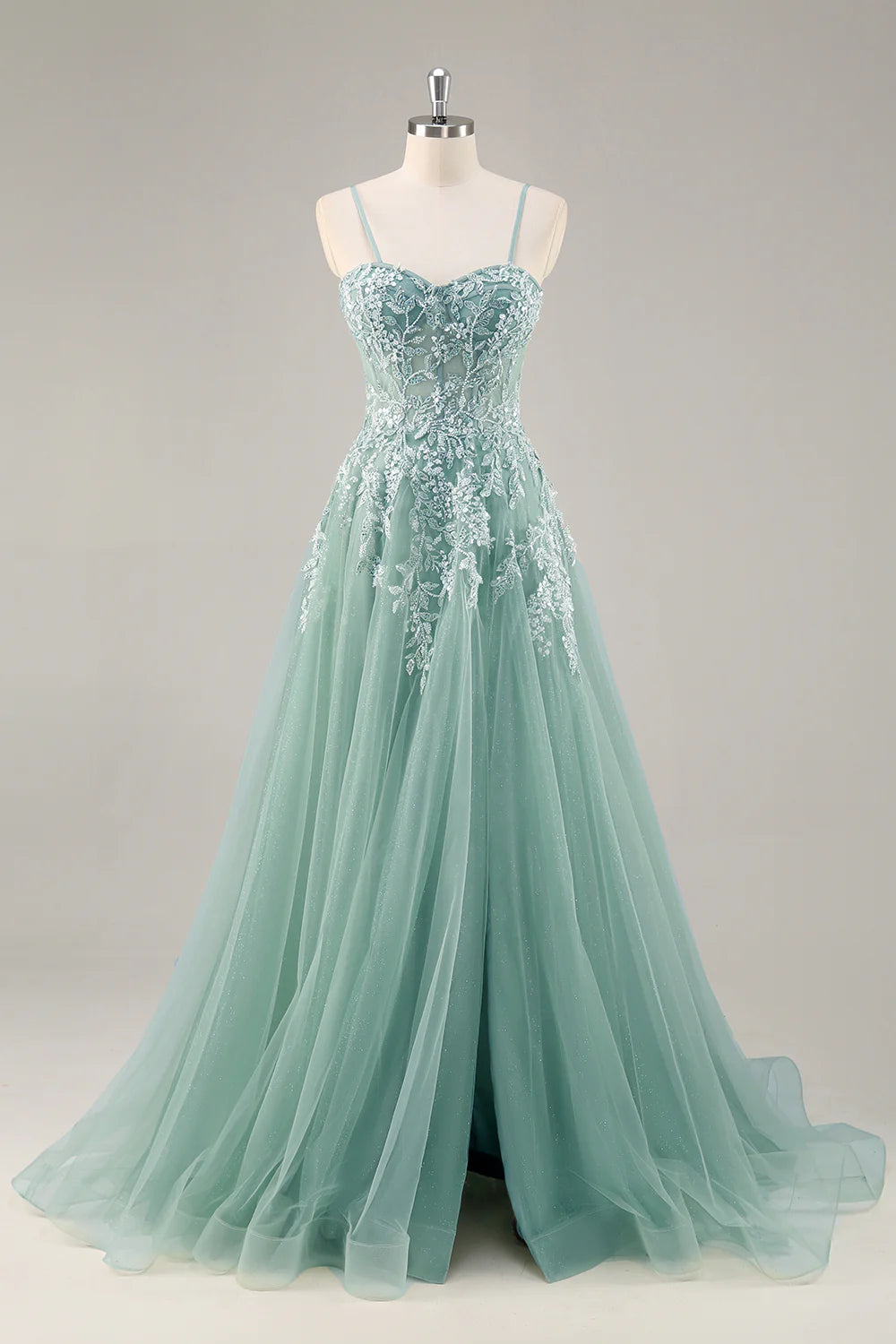 Sage Green Tulle A-Line Corset Beaded Long Prom Dress with Slit